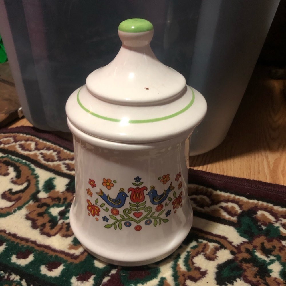 Vintage bluebird ceramic Ceramic Canister with Green Lid. Corning-ware.